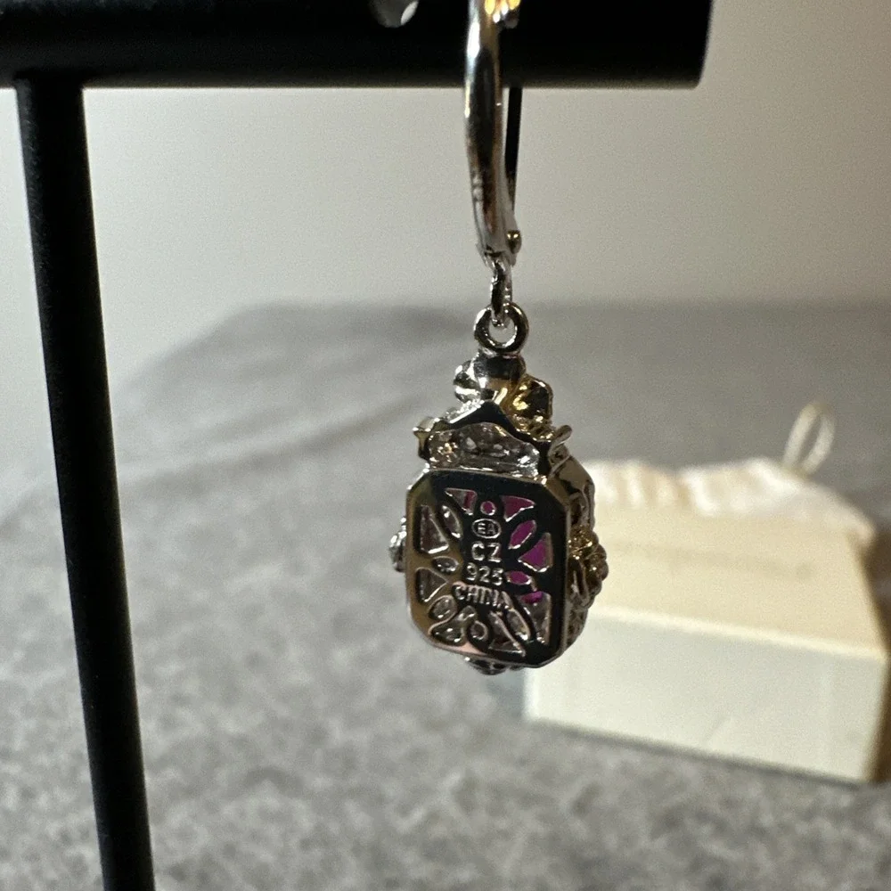 QVC Diamonique cz w/ Lab Ruby Leverback .925 Earrings - Picture 3 of 6